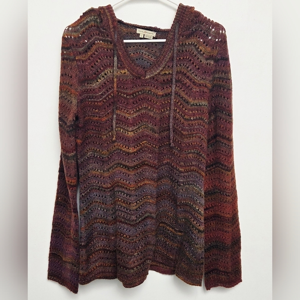 Royal Robbins Multi- Coloured Purple and Brown Crochet Knit Sz L Hooded  Sweater
